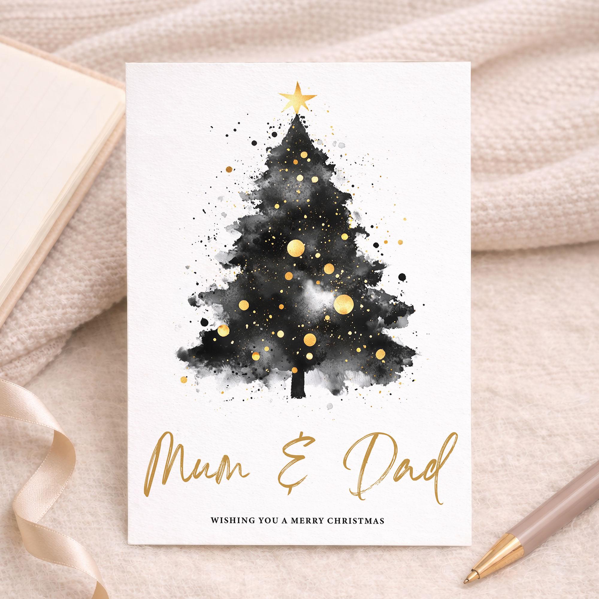 Christmas card for Mum and Dad featuring a minimalist illustration of a Christmas tree with the message Wishing You a Merry Christmas.