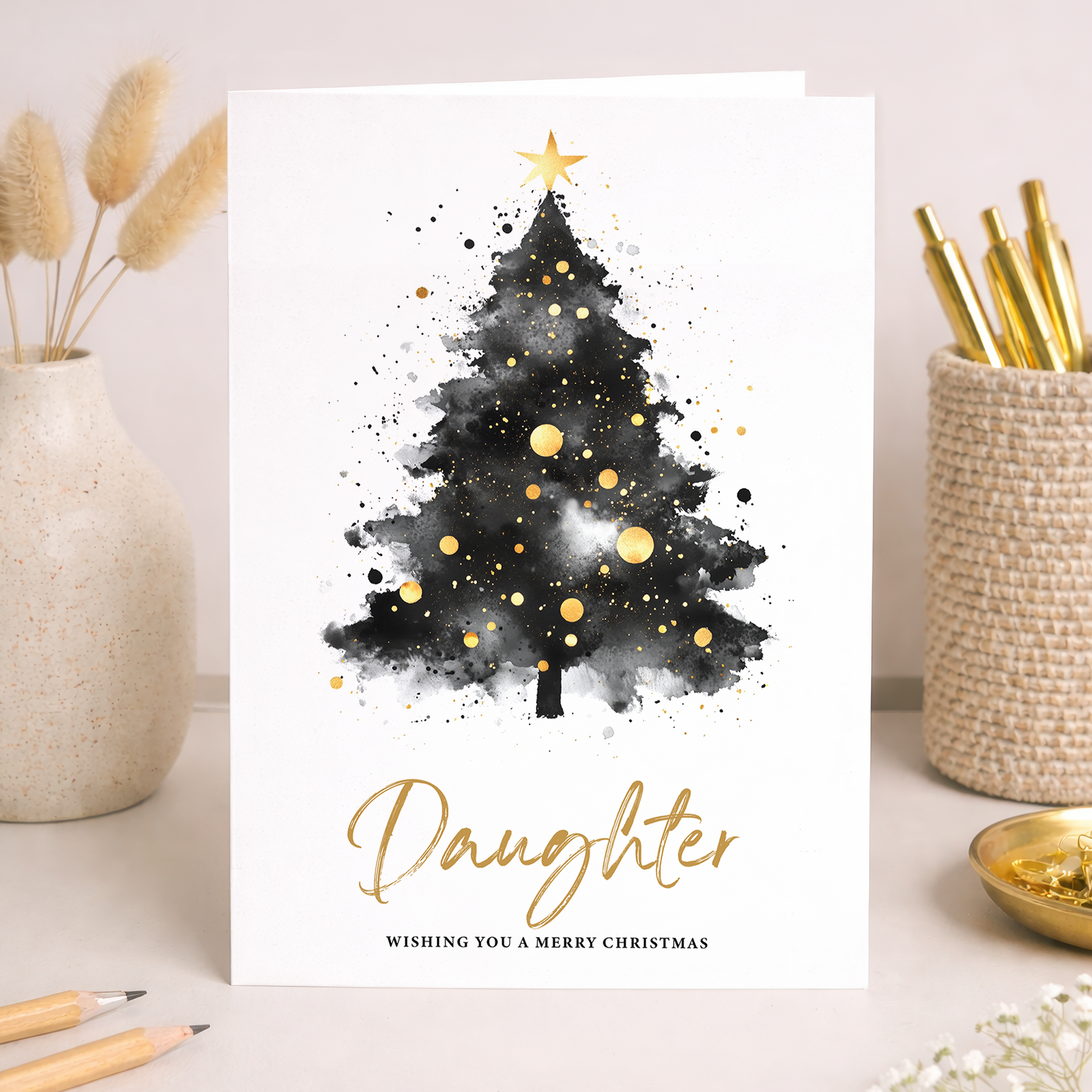 Christmas card for a daughter featuring a festive Christmas tree design with seasonal greetings.