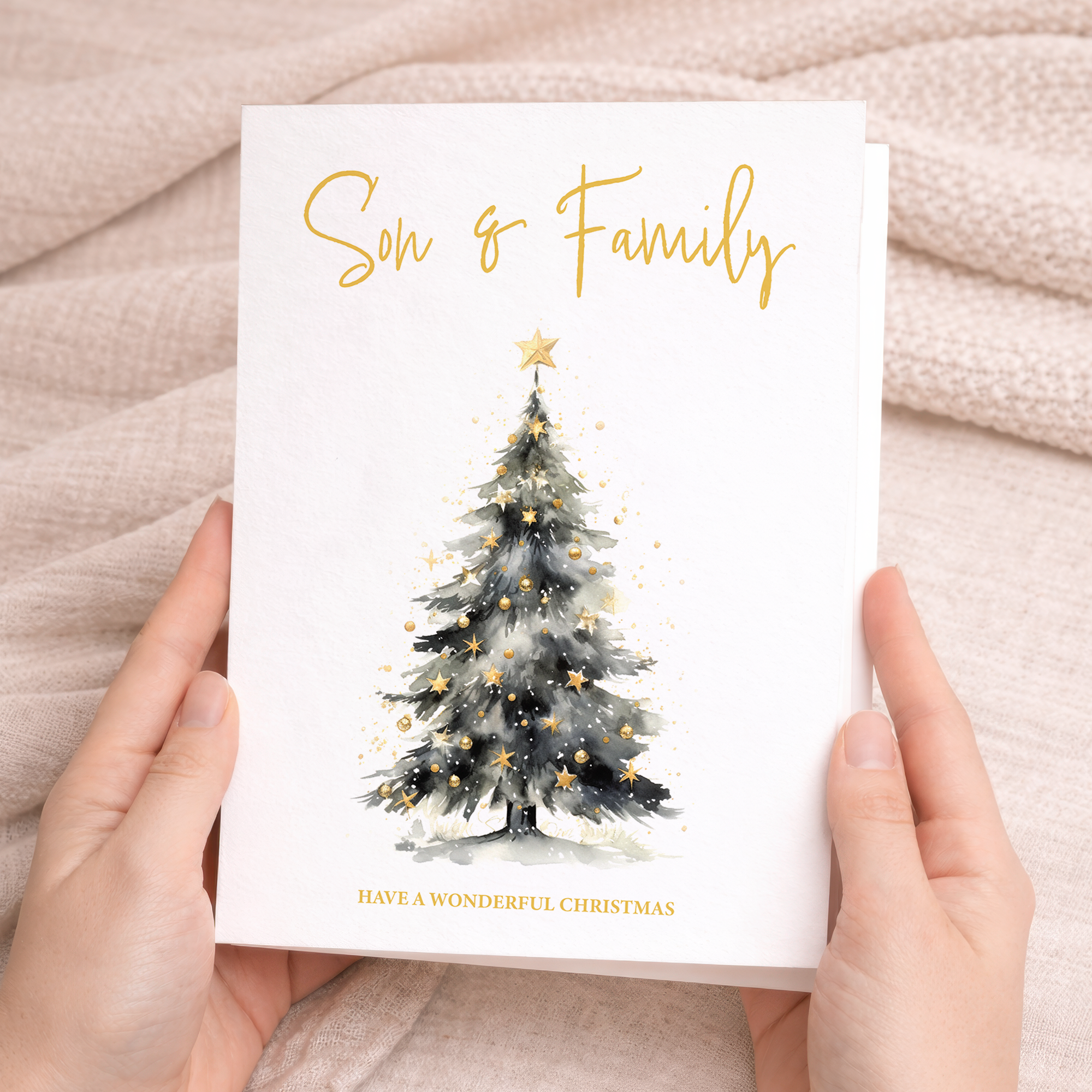 Christmas card for son and family featuring a festive Christmas tree design.