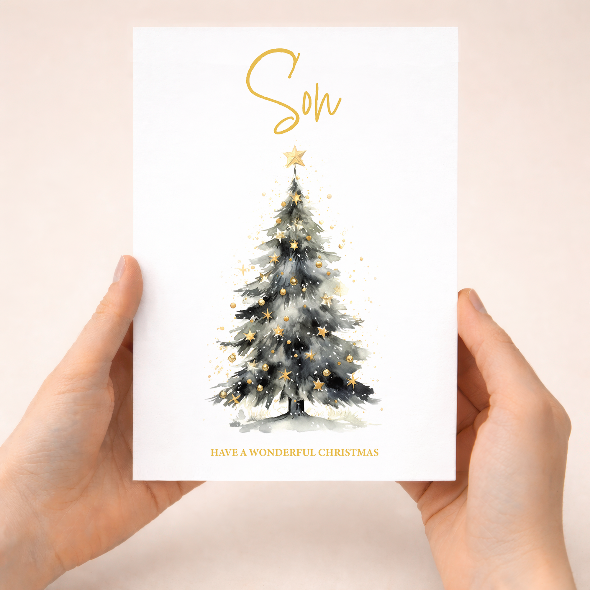 A festive Christmas card for a son featuring an illustrated Christmas tree with colorful decorations and a star on top.