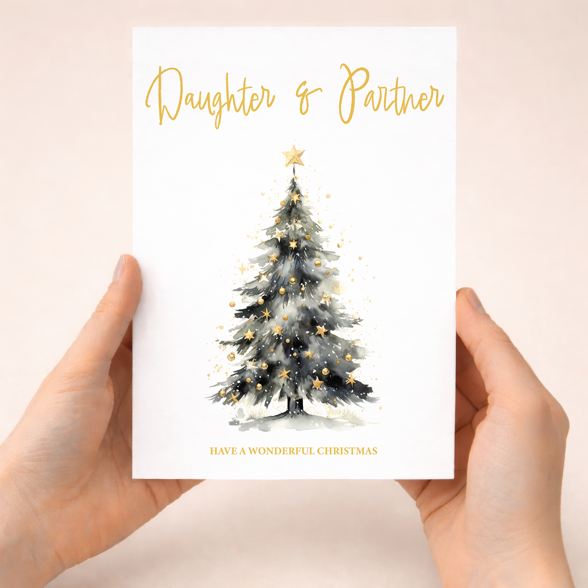 Minimalist Christmas greeting card featuring a decorated green Christmas tree with a gold star on top, suitable for a daughter and her partner.