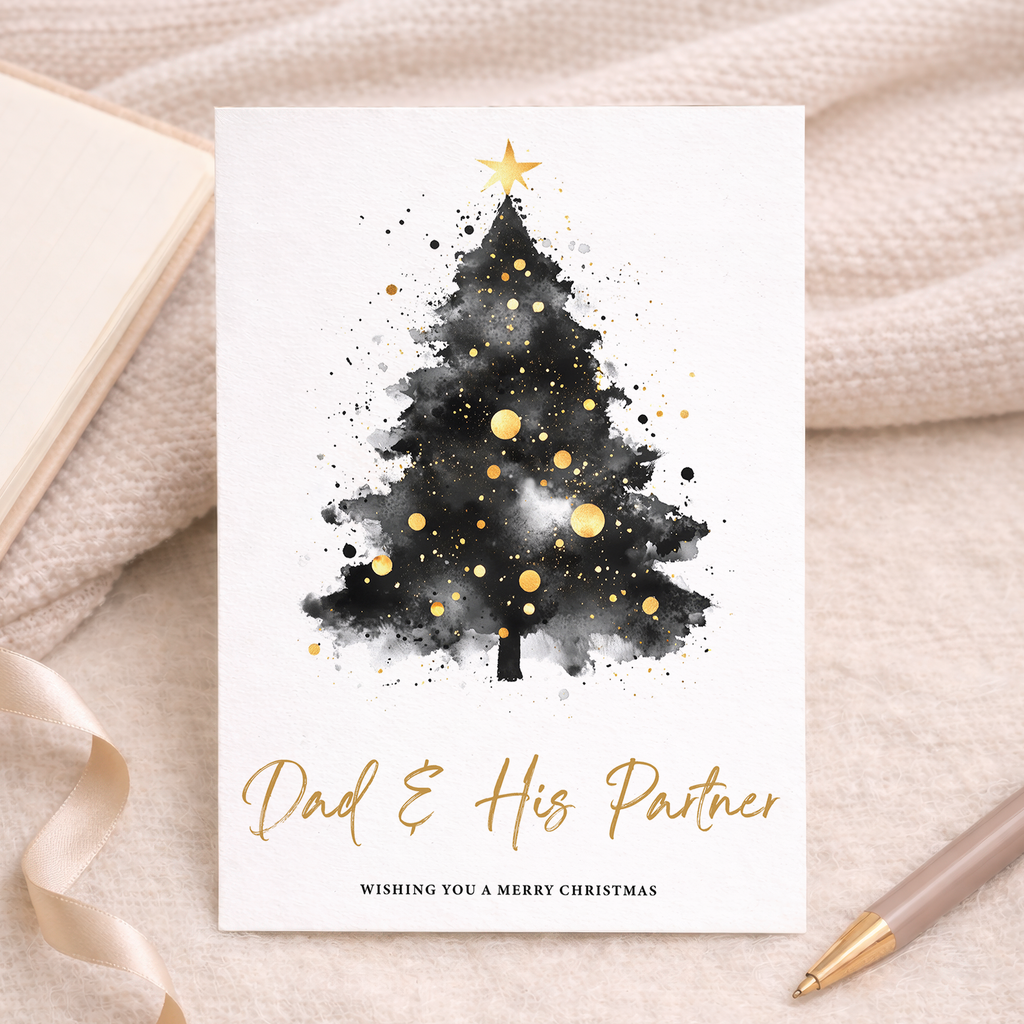 Christmas card for Dad and his partner featuring a festive Christmas tree design and the message Wishing You a Merry Christmas.
