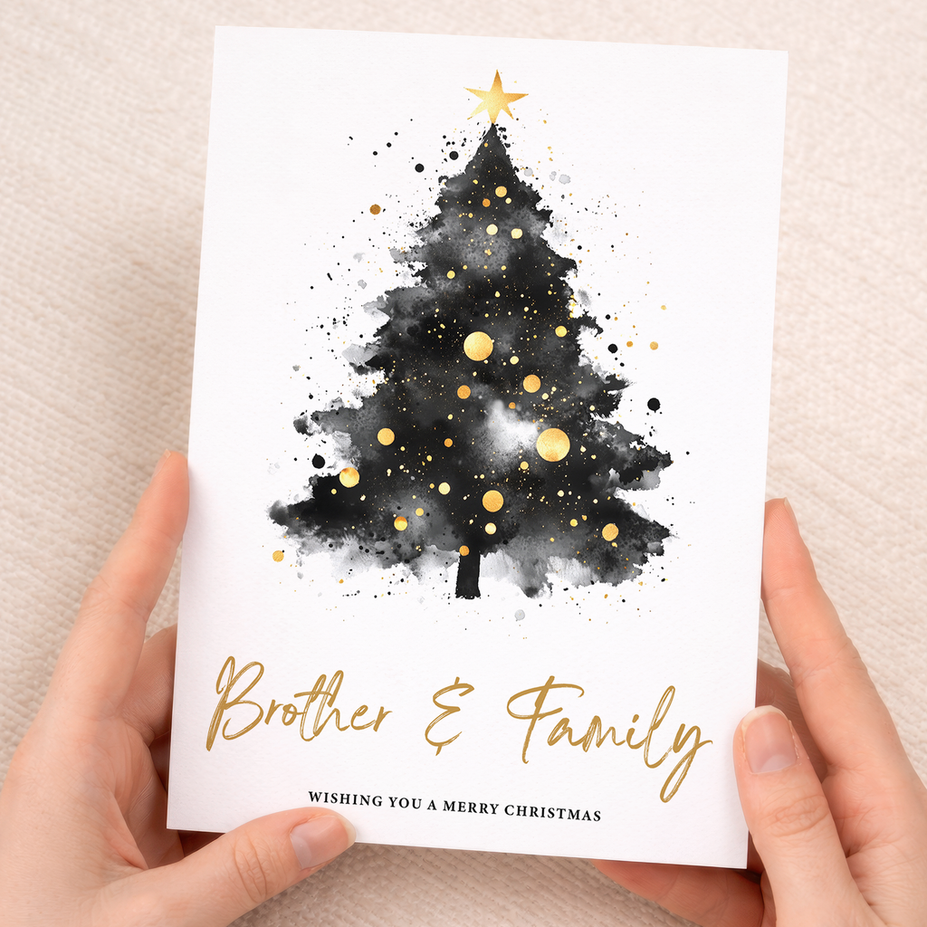 A festive Christmas greeting card featuring a decorated green Christmas tree with a golden star on top, set against a clean background, designed for a brother and his family.