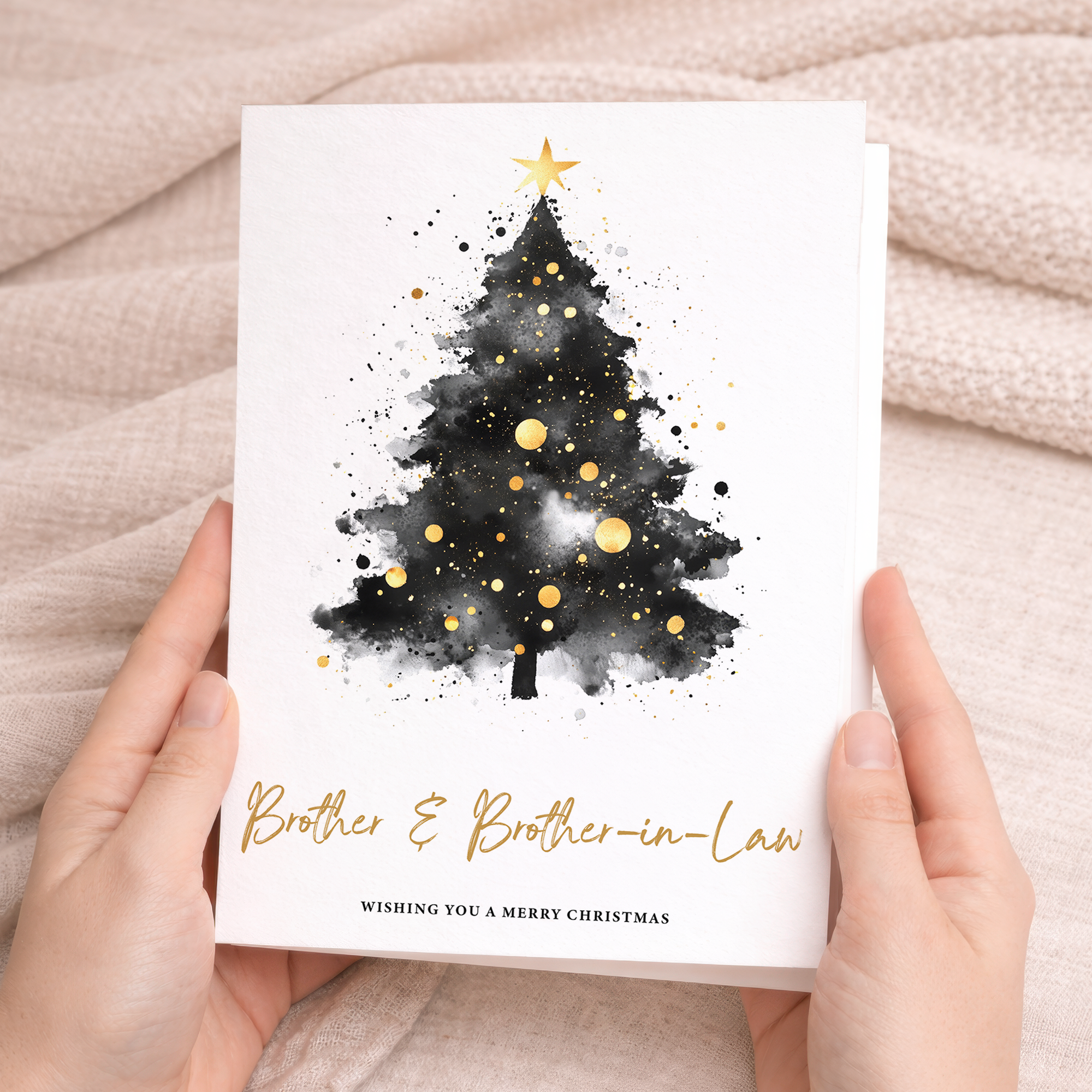 Festive greeting card for a brother and brother-in-law featuring a modern, minimalist Christmas tree design.