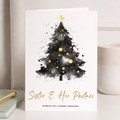 Christmas card for sister and partner featuring a festive Christmas tree design and merry wishes.