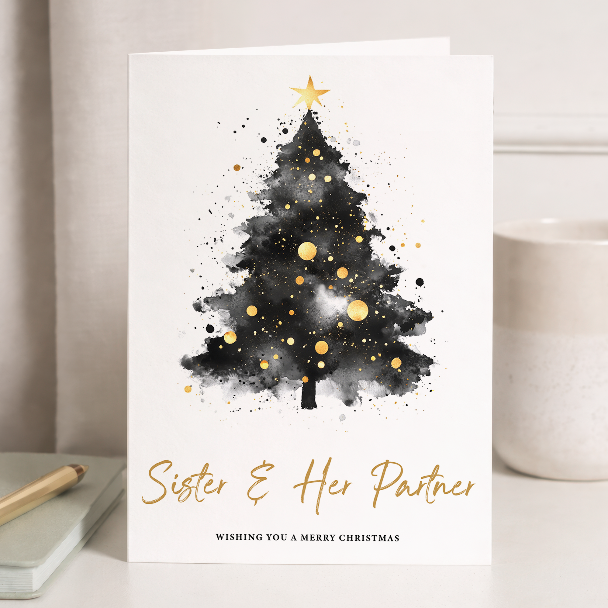 Christmas card for sister and partner featuring a festive Christmas tree design and merry wishes.
