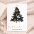 Christmas card with a minimalist illustration of a Christmas tree with hearts, intended for a daughter and daughter-in-law.