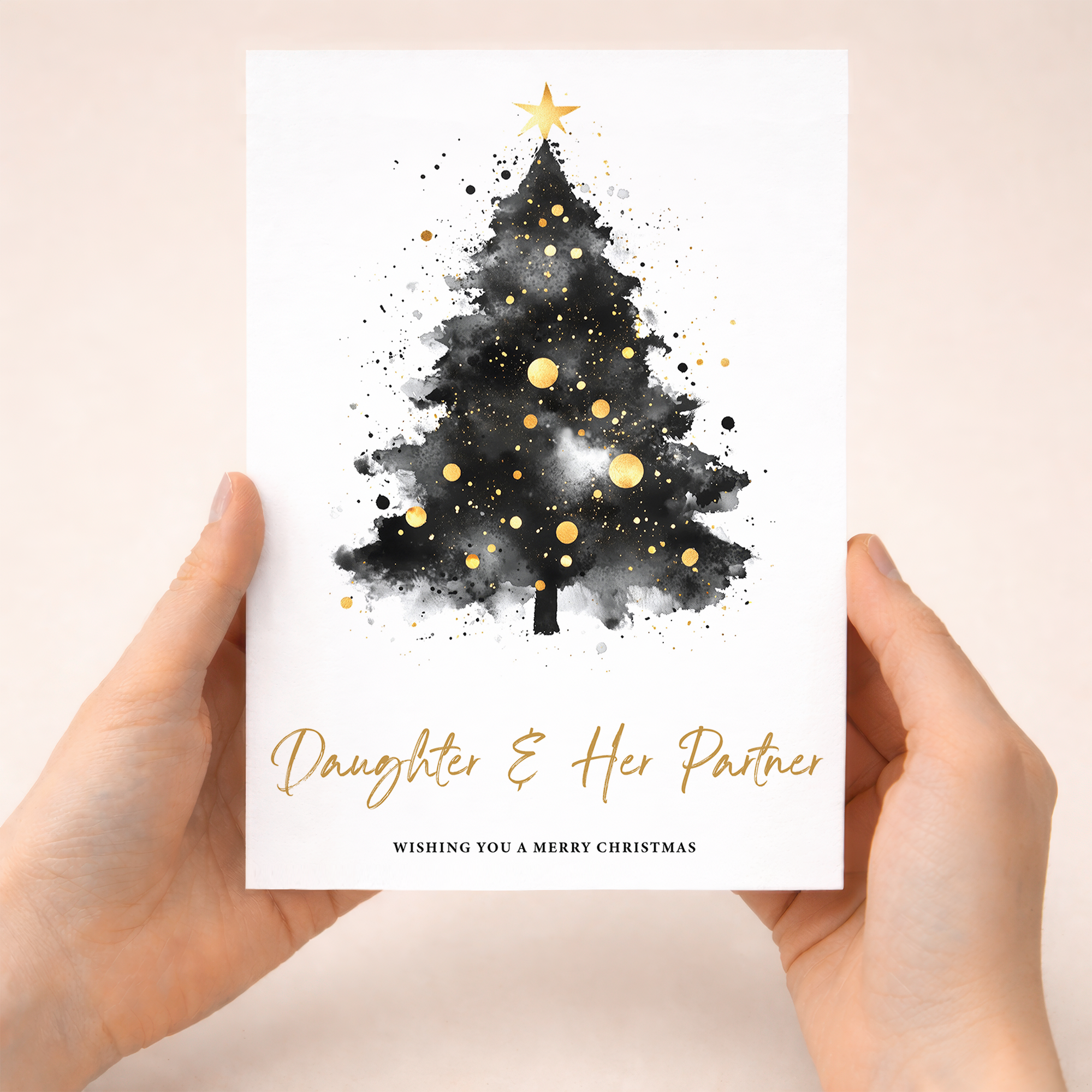 Festive Christmas greeting card for a daughter and her partner featuring a Christmas tree design and the message Wishing You A Merry Christmas.