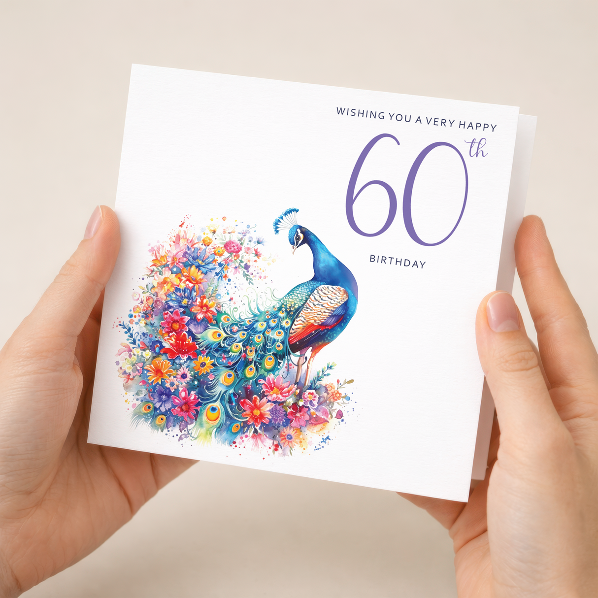 60th Birthday Card With Peacock Illustration Pretty Sixty Card For Mum, Gran or Friend Sixieth Birthday Card