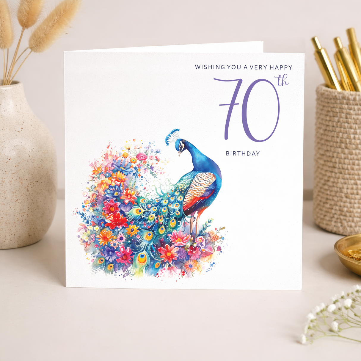 70th Birthday Card With Peacock Illustration Pretty Seventy Card For Mum, Gran or Friend Seventieth Birthday Card