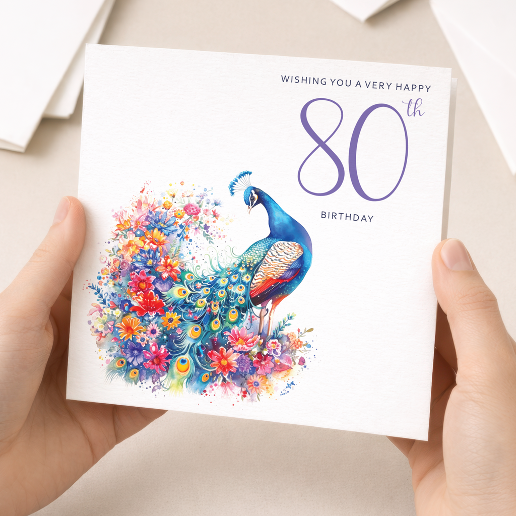 80th Birthday Card With Peacock Illustration Pretty Eighty Card For Mum, Gran or Friend Eightieth Birthday Card