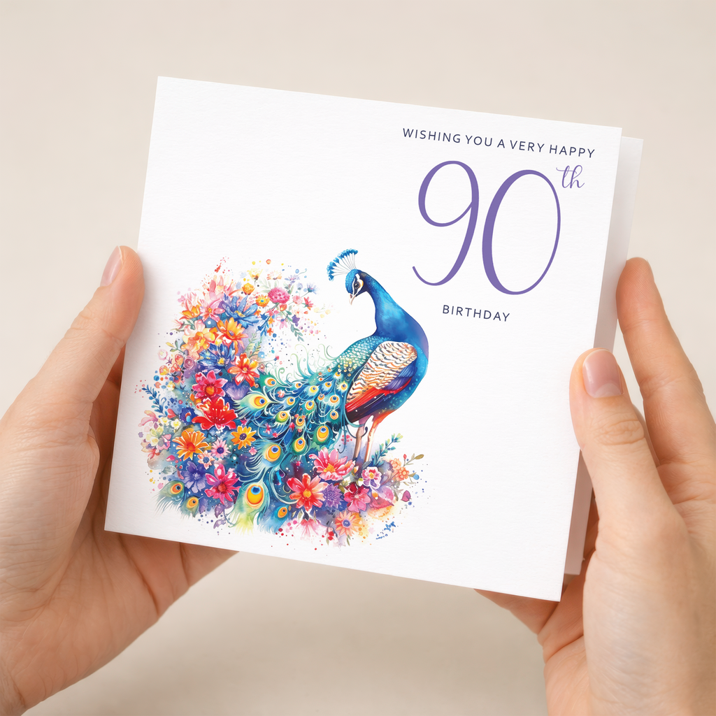 90th Birthday Card With Peacock Illustration Pretty Ninty Card For Mum, Gran or Friend Ninetieth Birthday Card