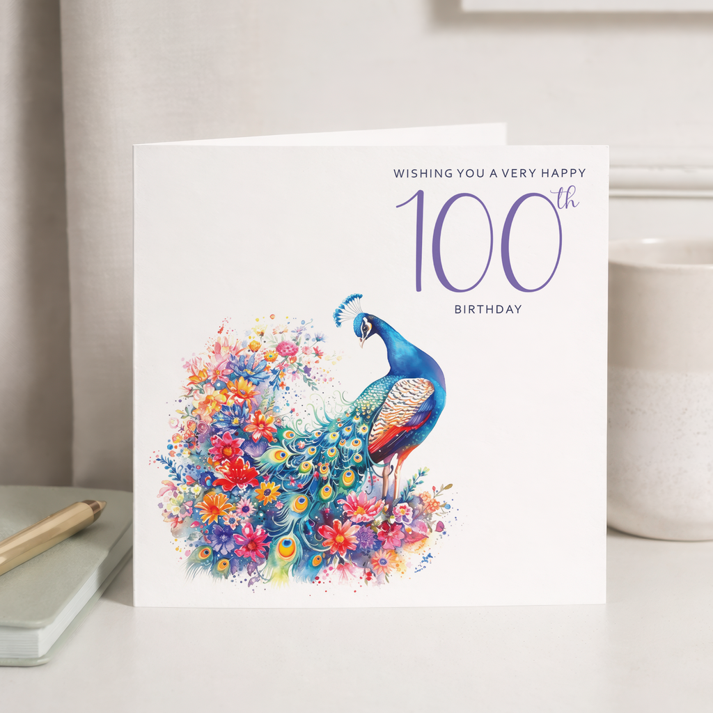 100th Birthday Card With Peacock Illustration Pretty One Hundred Card For Mum, Gran or Friend One Hundredth Birthday Card