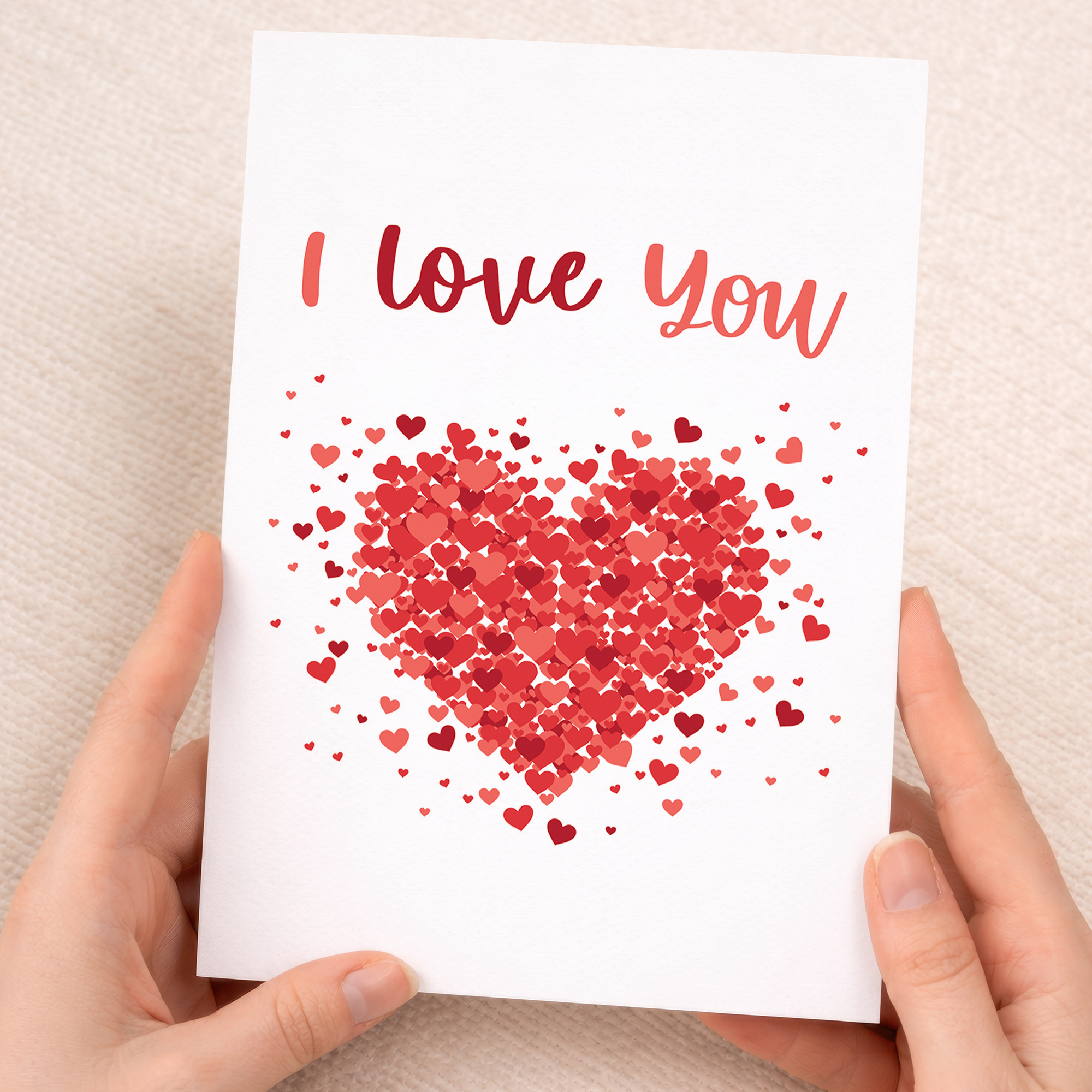 Anniversary card with a minimalist design featuring a pink heart and two smaller red hearts on a white background.