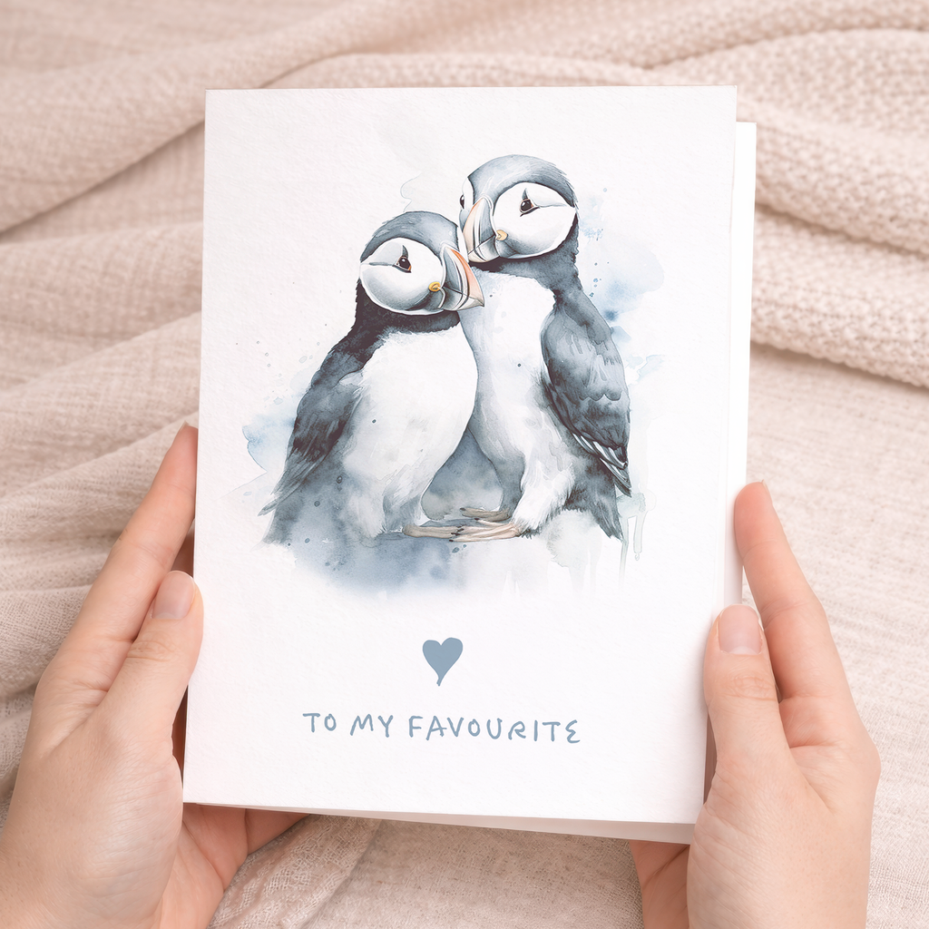 Puffin illustration on a gray and white anniversary card for a wife, husband, boyfriend, or girlfriend.