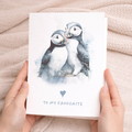 Puffin illustration on a gray and white anniversary card for a wife, husband, boyfriend, or girlfriend.