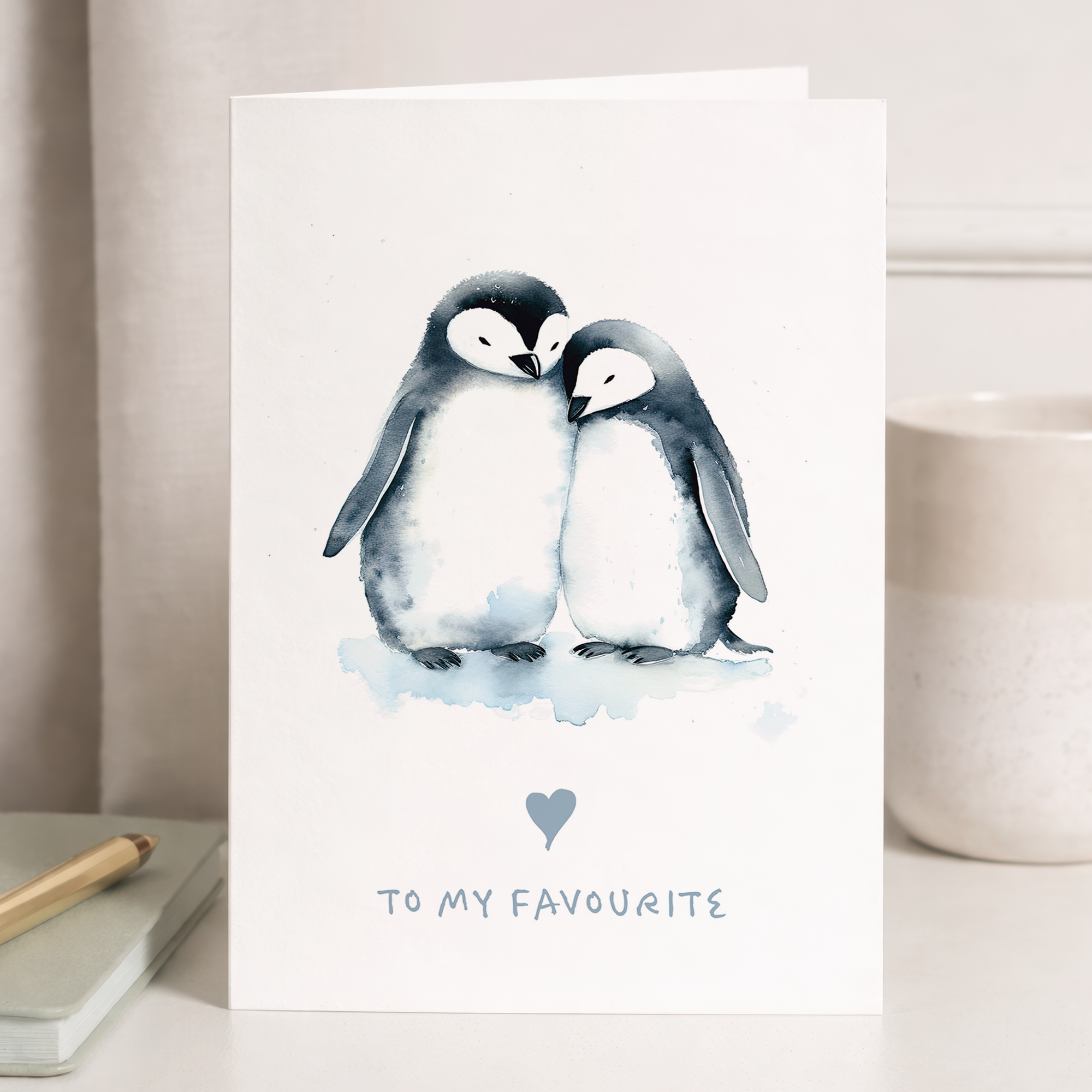 A cute Valentine's Day greeting card featuring two illustrated penguins standing together, suitable for a husband, wife, boyfriend, or girlfriend.