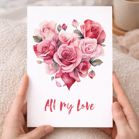 A romantic anniversary greeting card featuring a delicate heart-shaped floral wreath composed of pink, green, and white flowers and leaves on a clean white background.