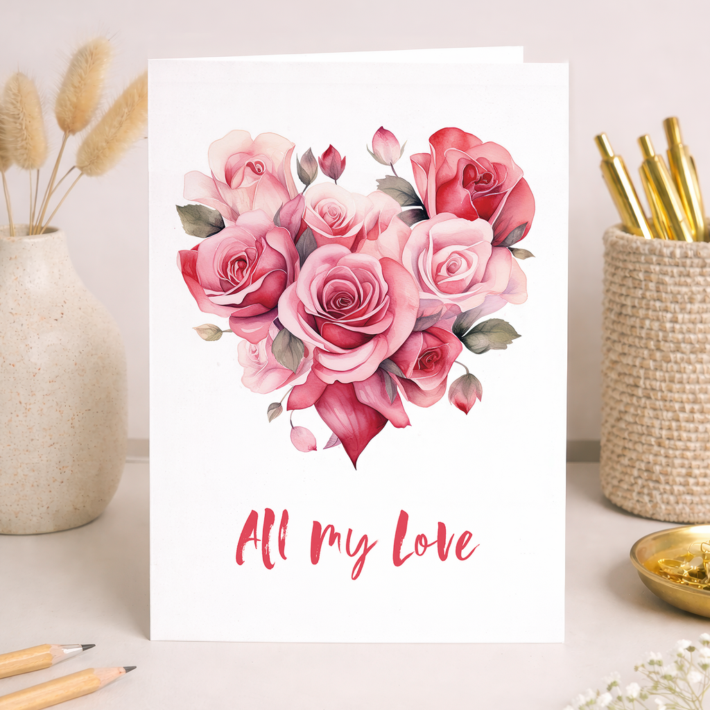 A vibrant floral heart illustration on a white background, featuring red and pink flowers with green leaves, for a Valentine's Day greeting card.