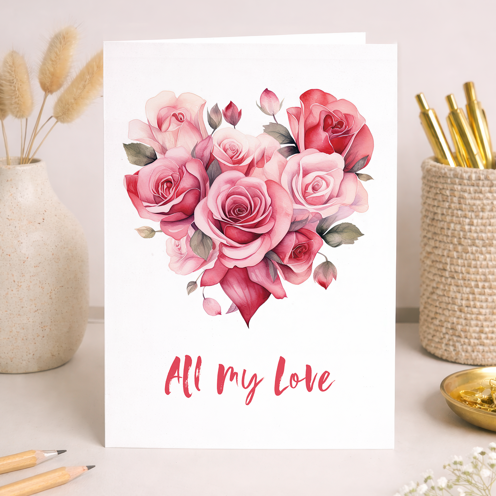 A vibrant floral heart illustration on a white background, featuring red and pink flowers with green leaves, for a Valentine's Day greeting card.