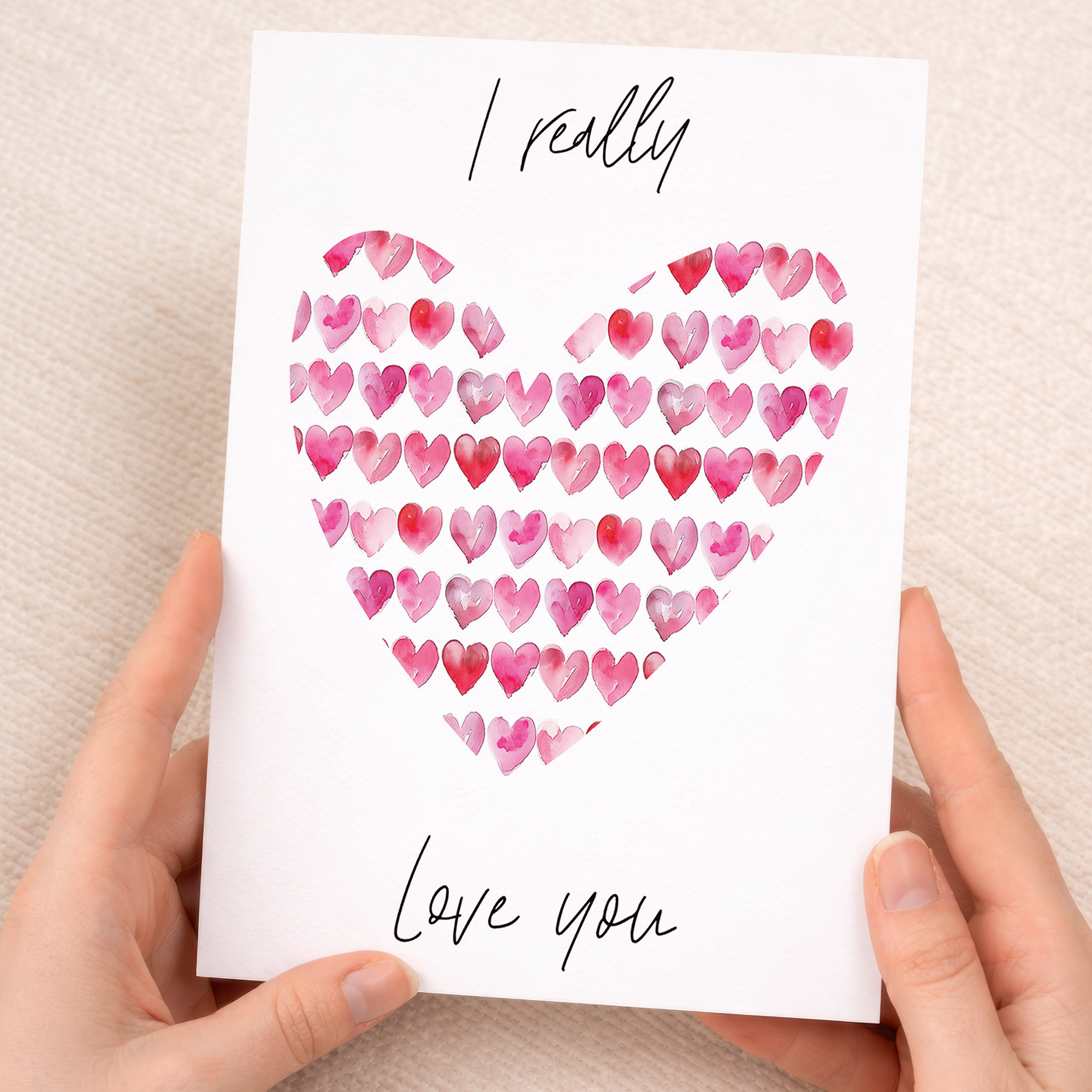 Valentine's Day greeting card featuring a romantic love hearts design for a wife, husband, boyfriend, or girlfriend.