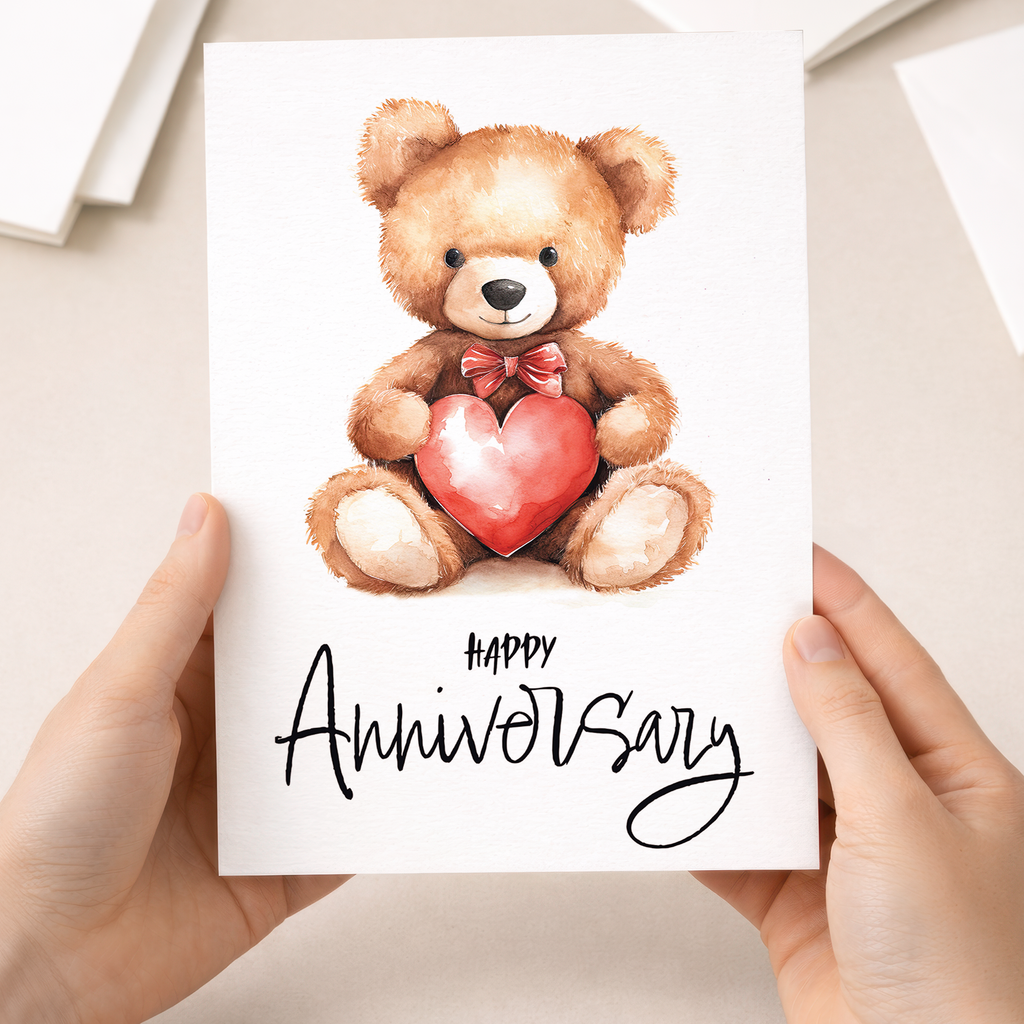 Cute teddy bear holding a large red love heart anniversary greeting card for a wife, husband, boyfriend, or girlfriend.