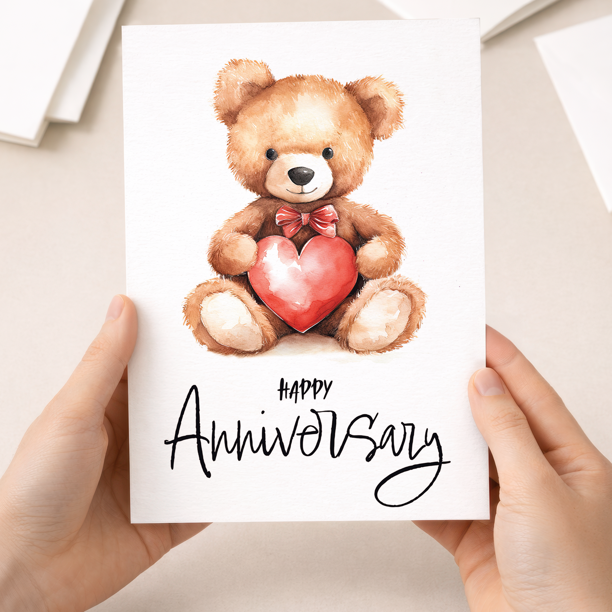 Cute teddy bear holding a large red love heart anniversary greeting card for a wife, husband, boyfriend, or girlfriend.