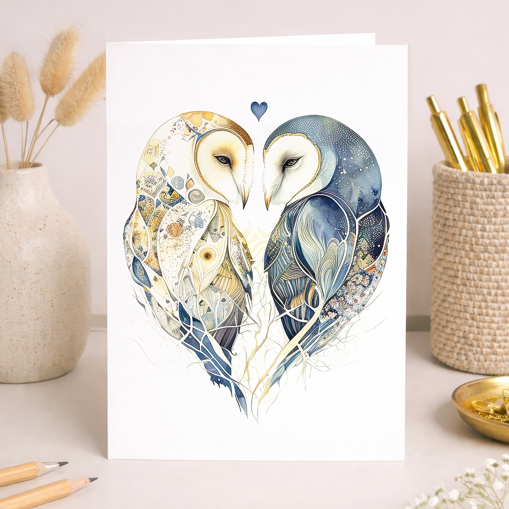 A romantic wedding card featuring an illustration of two barn owls with a heart design on eco-friendly paper.