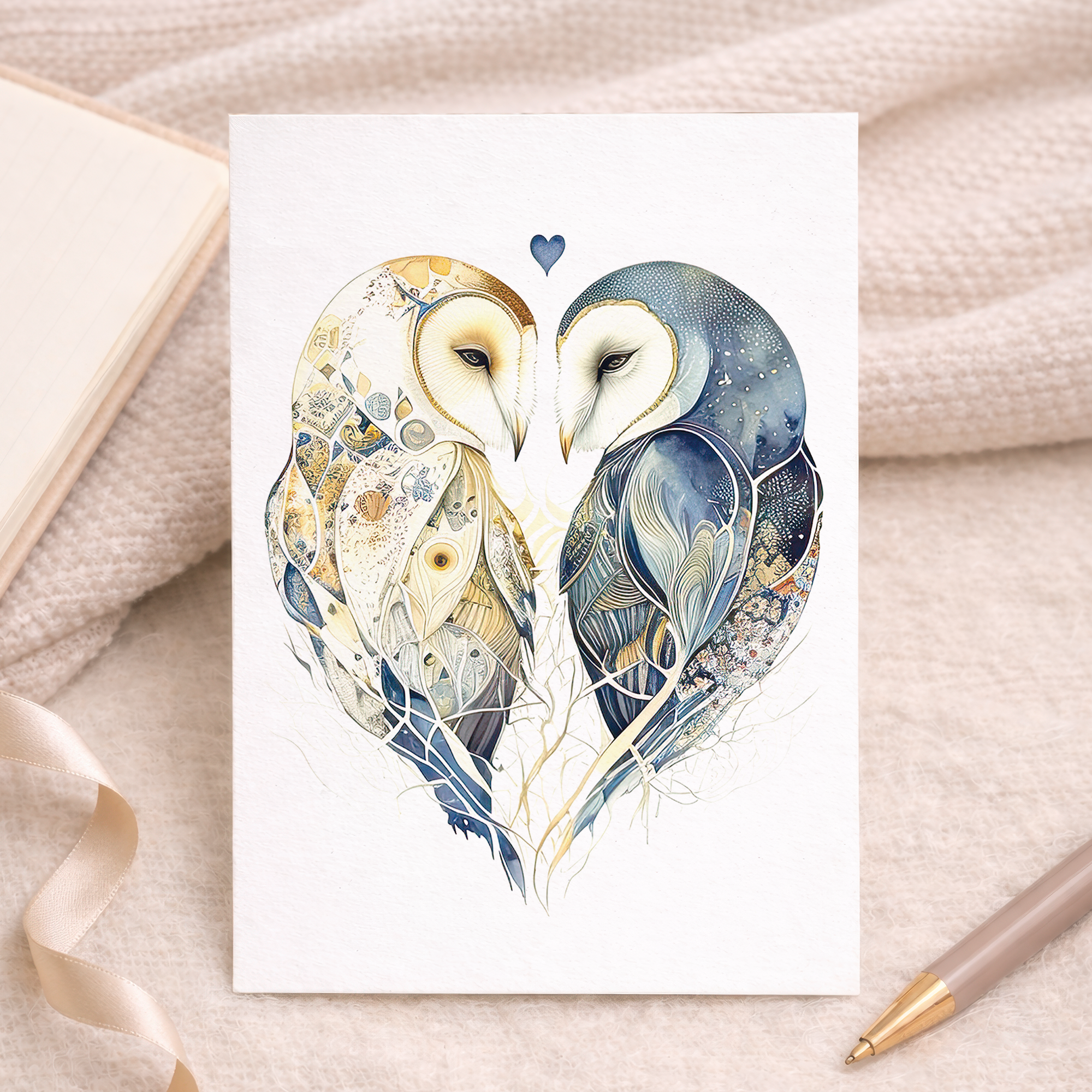An elegant anniversary greeting card featuring two illustrated owls perched on a leafy branch, surrounded by decorative hearts and set against a soft beige and white background with blue accents.