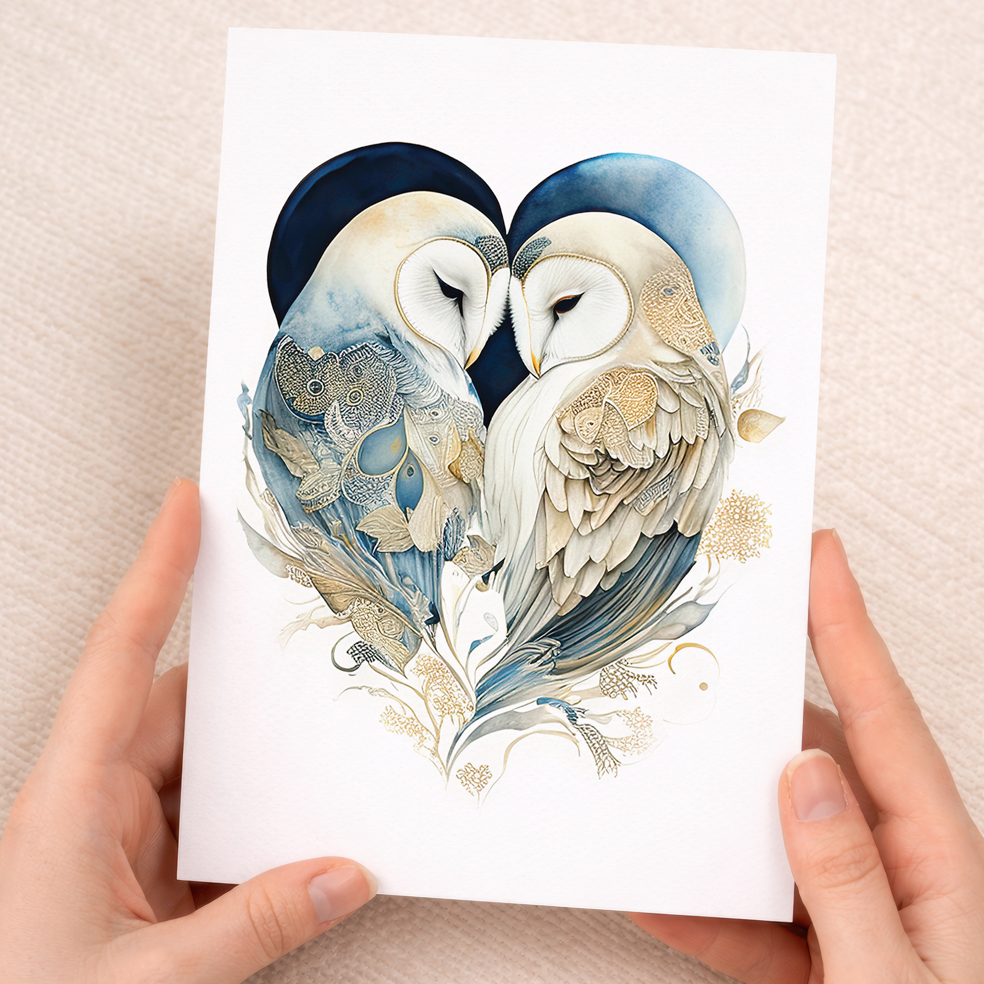 An elegant anniversary greeting card featuring a charming illustration of two owls perched together, ideal for a husband, wife, or couple.