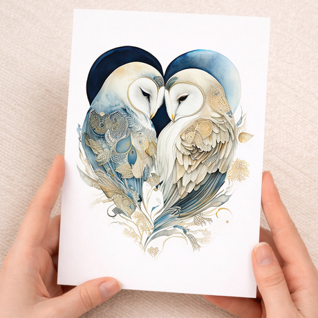 An elegant anniversary greeting card featuring a charming illustration of two owls perched together, ideal for a husband, wife, or couple.