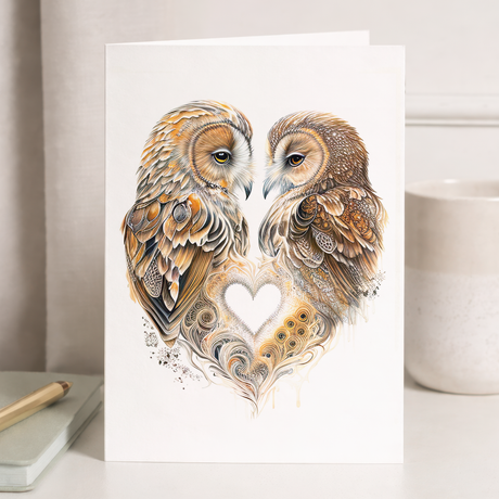 A romantic Valentine's Day card featuring two cute brown owls perched on a branch, surrounded by red hearts and decorative floral accents.