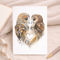 An elegant anniversary or Valentine's Day greeting card featuring a charming brown owl illustration on a beige background.