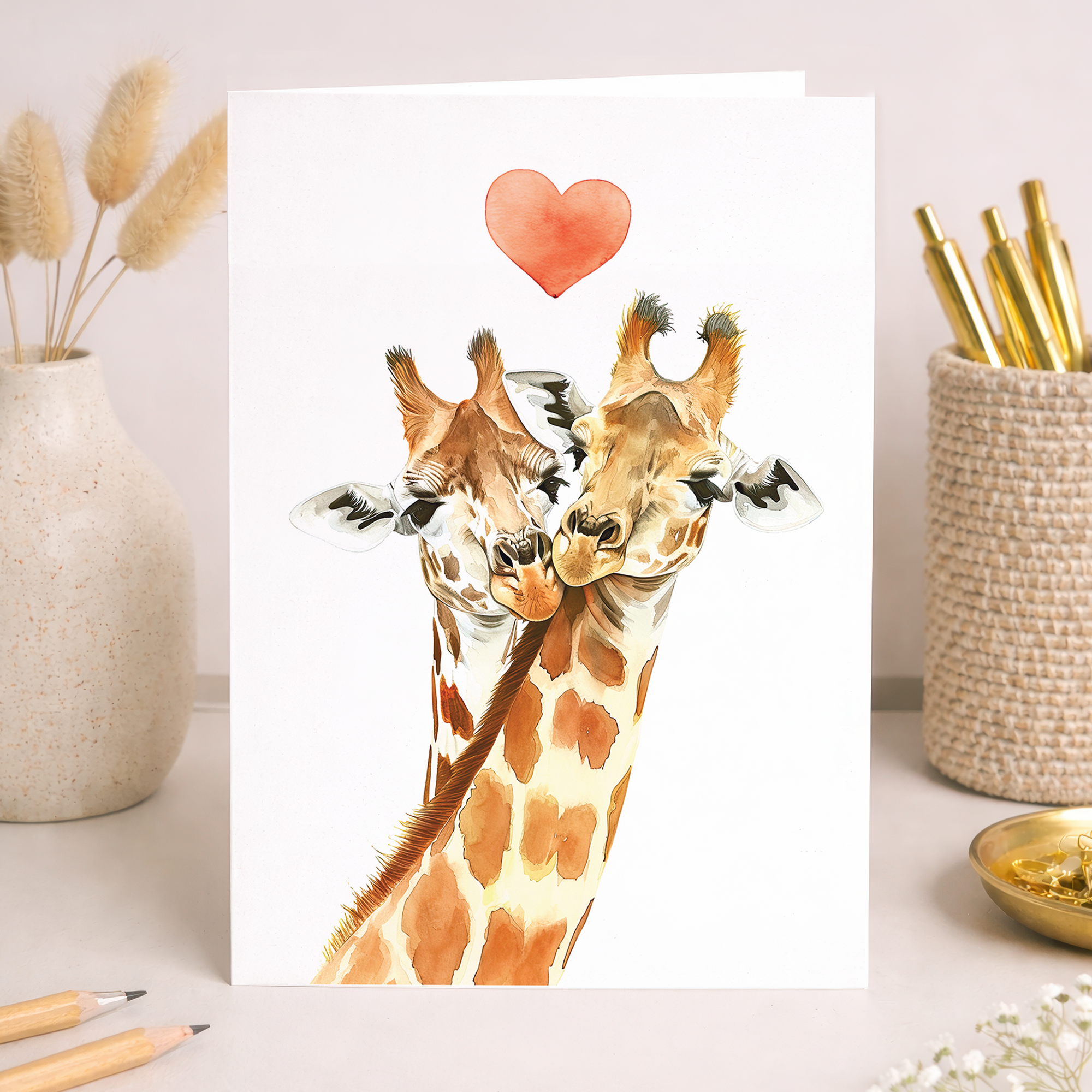 Valentine's Day card featuring a romantic giraffe illustration with artistic watercolor details.