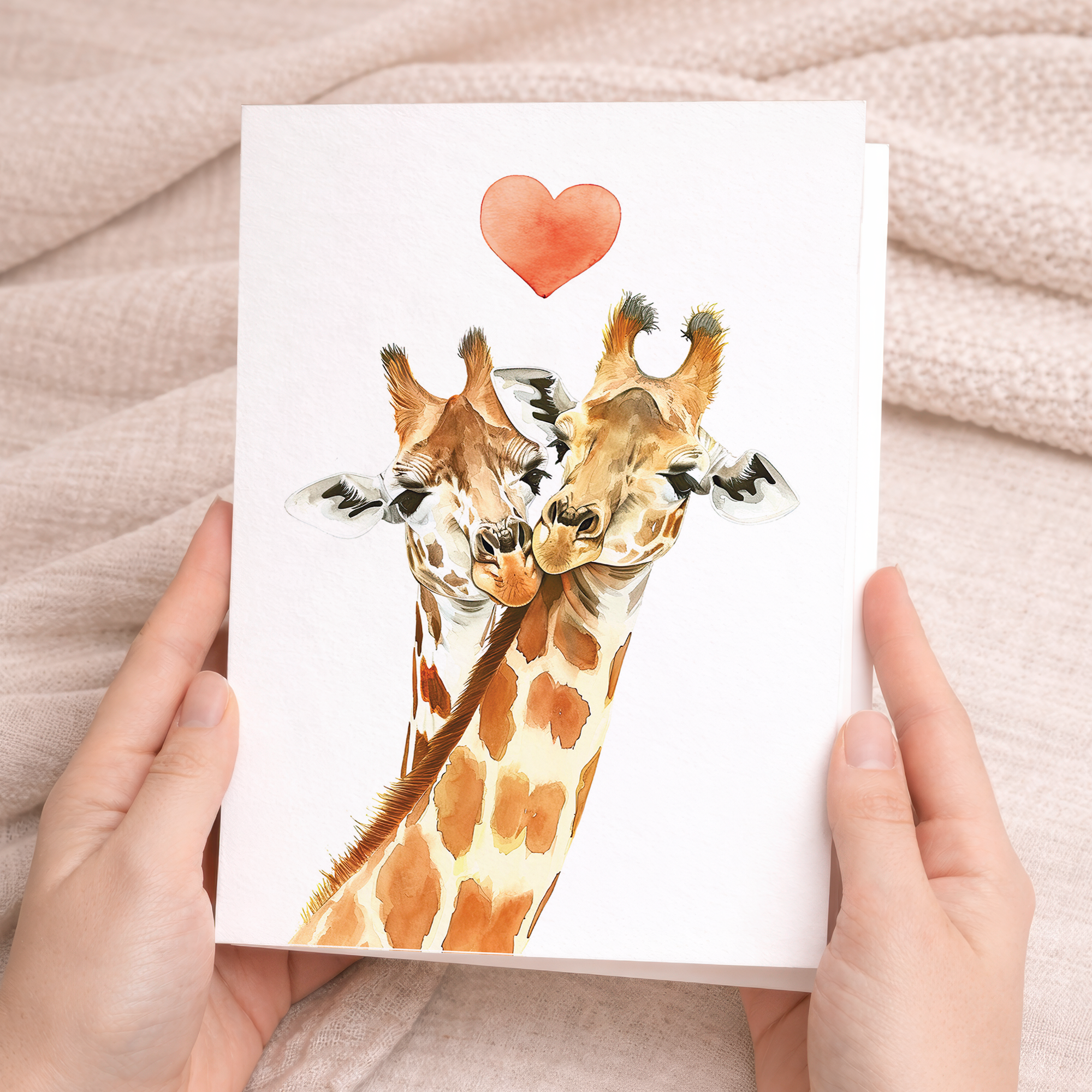 Illustration of two romantic giraffes with necks intertwined and small red hearts above them, on a cream-colored anniversary card.