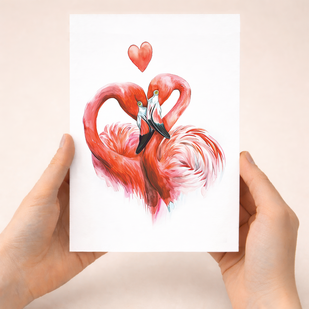 Romantic anniversary card featuring two pink flamingos forming a heart shape with their necks on a white background with red and pink hearts.