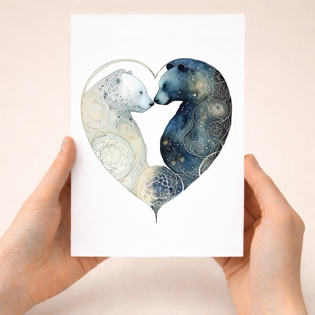 Anniversary greeting card featuring an illustration of two bears in an elegant art style, set against a blue, beige, and white background.