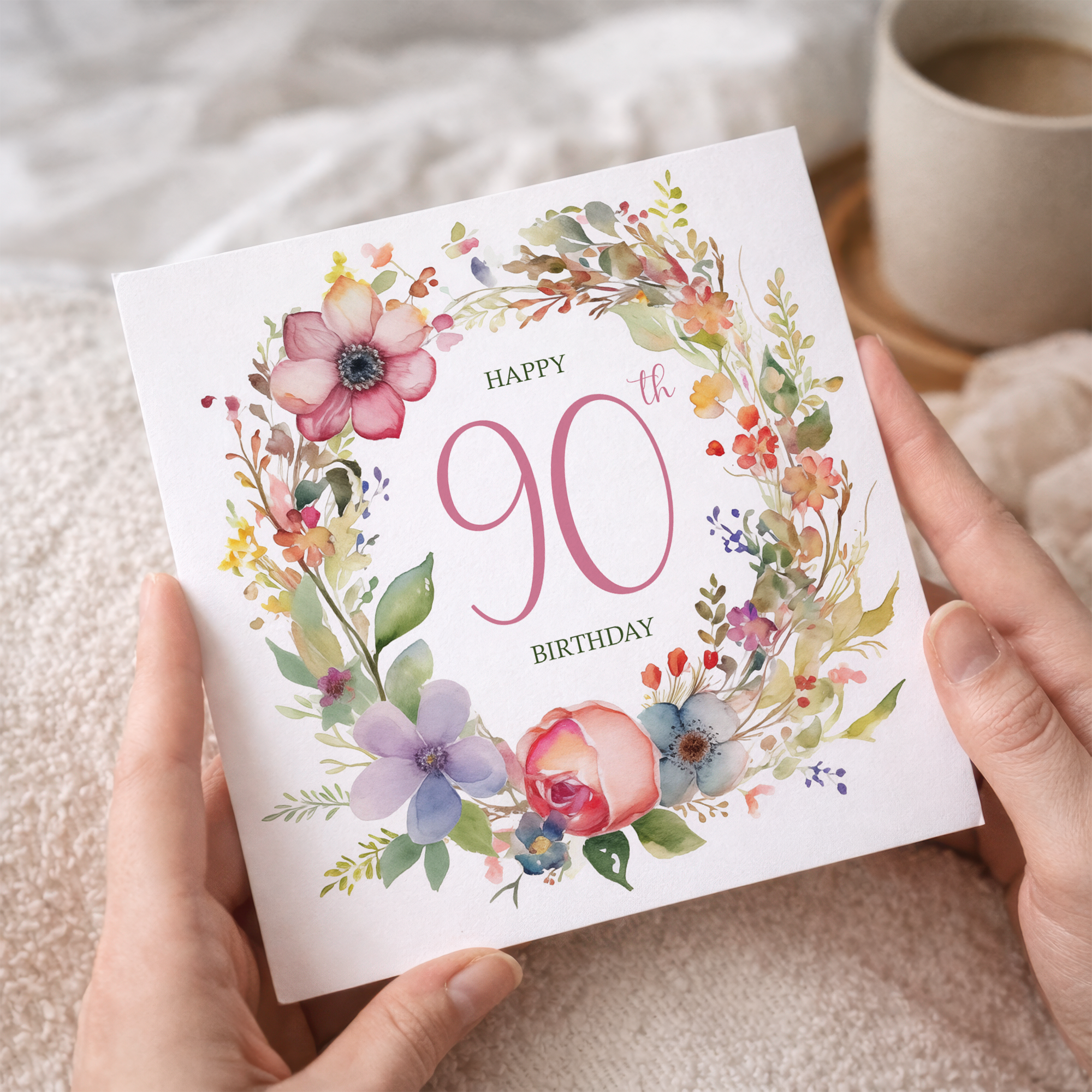 90th Birthday Card With Floral Illustration Pretty Ninty Card For Mum, Gran or Friend Ninetieth Birthday Card