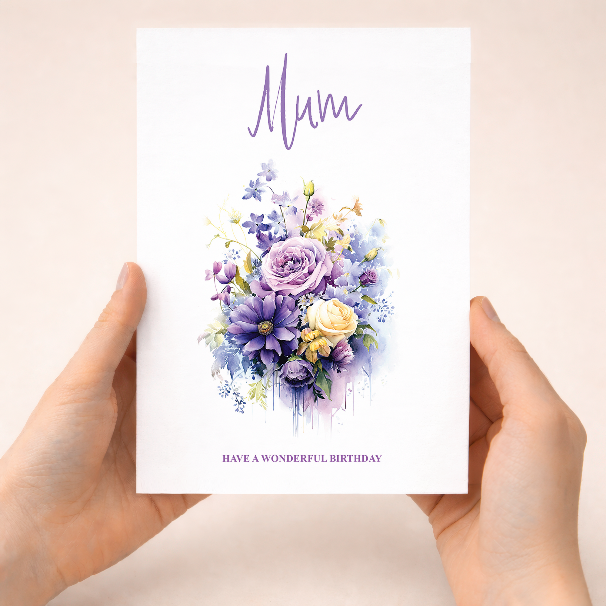 A portrait 5x7 inch birthday card for mum featuring a delicate floral design with purple and white flowers and green foliage.