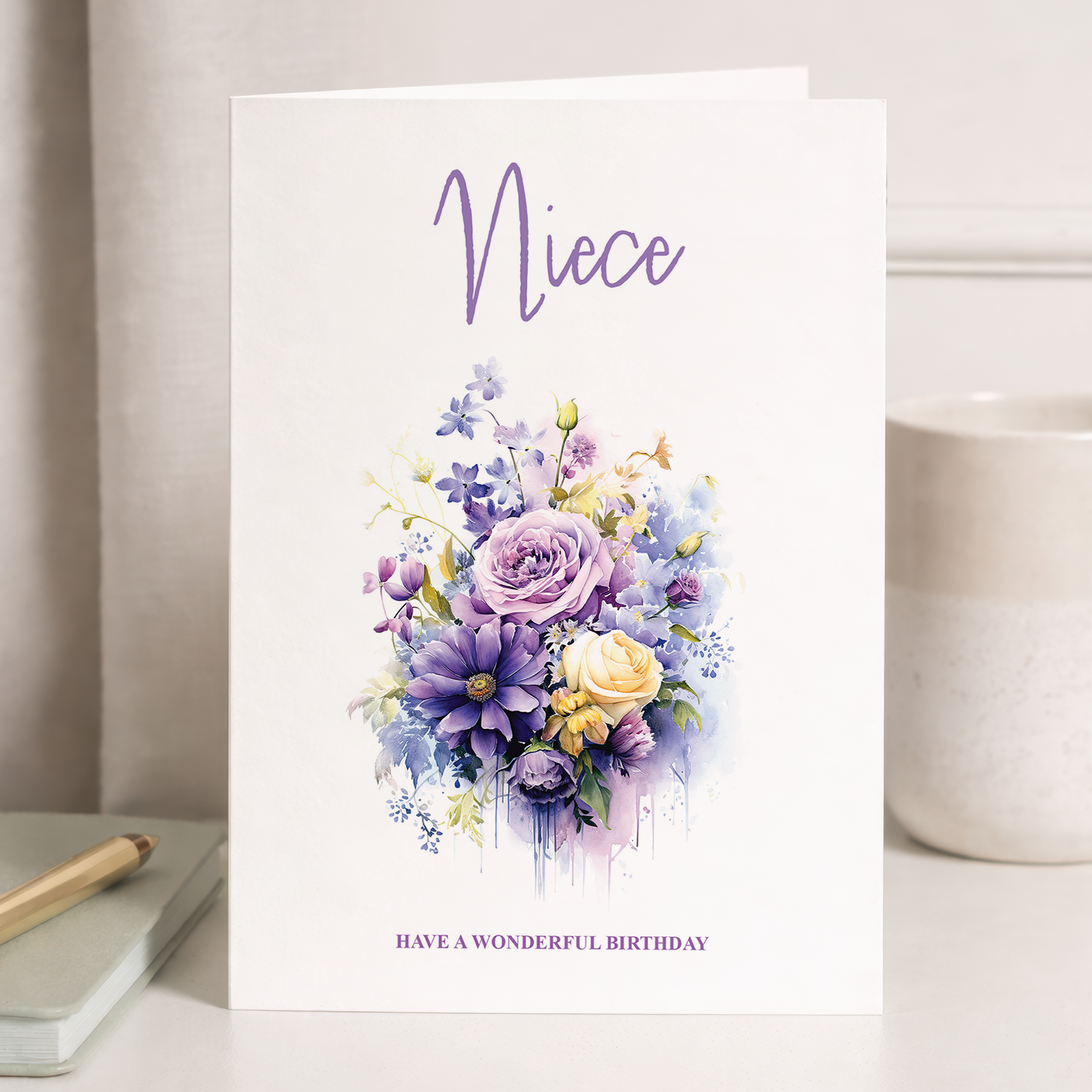 A floral birthday card for a niece featuring a delicate flower design in purple and white on a 5x7 inch greeting card.