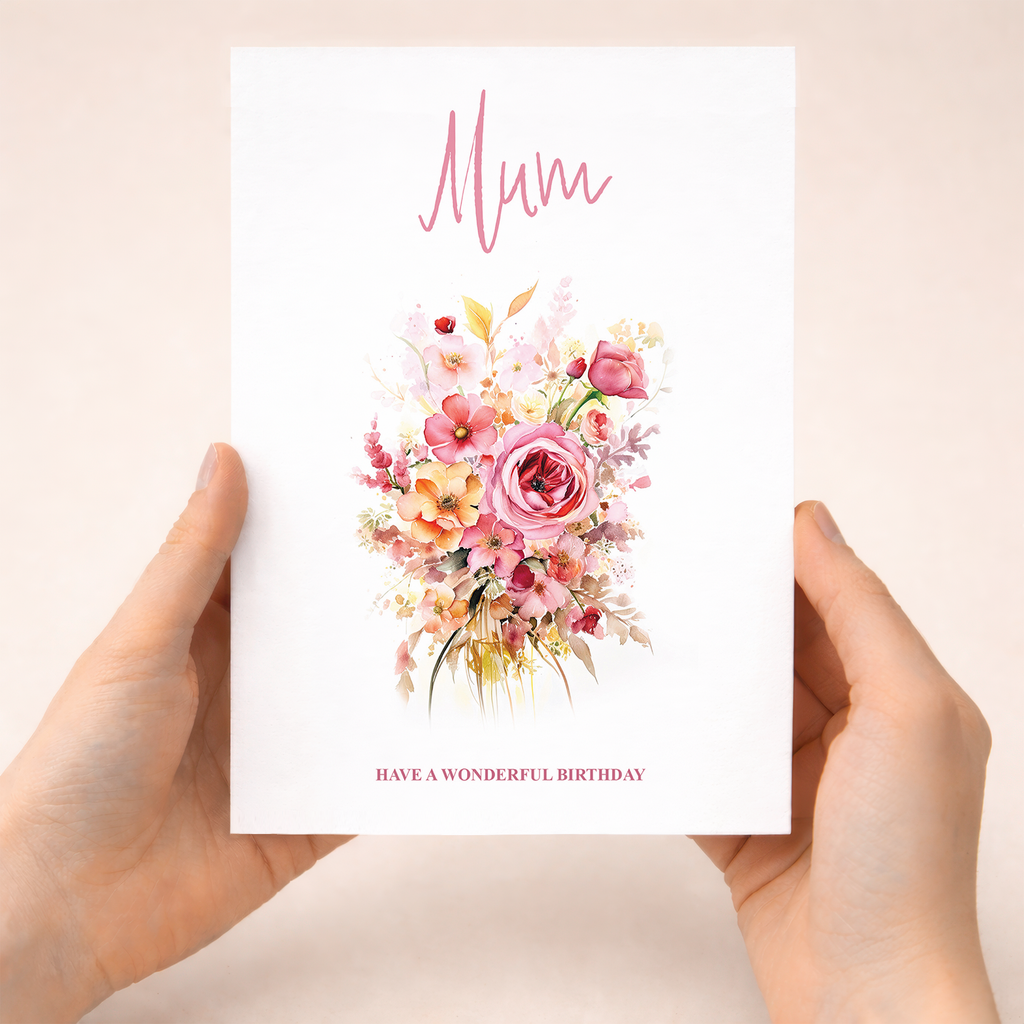 A portrait-oriented luxury birthday card for Mum featuring an elegant pink and white floral design on a clean white background.
