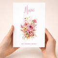 A portrait-oriented luxury birthday card for Mum featuring an elegant pink and white floral design on a clean white background.