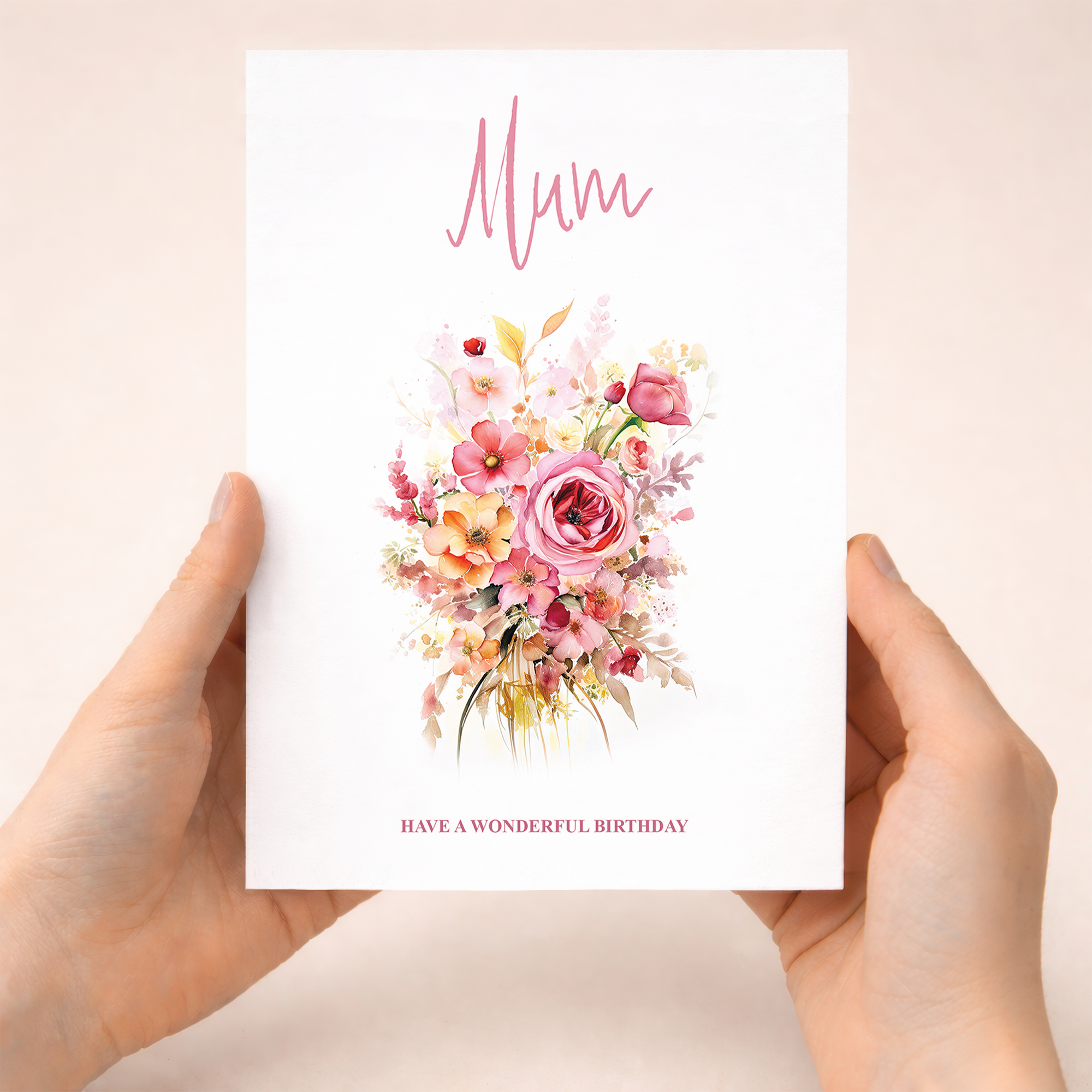 A portrait-oriented luxury birthday card for Mum featuring an elegant pink and white floral design on a clean white background.