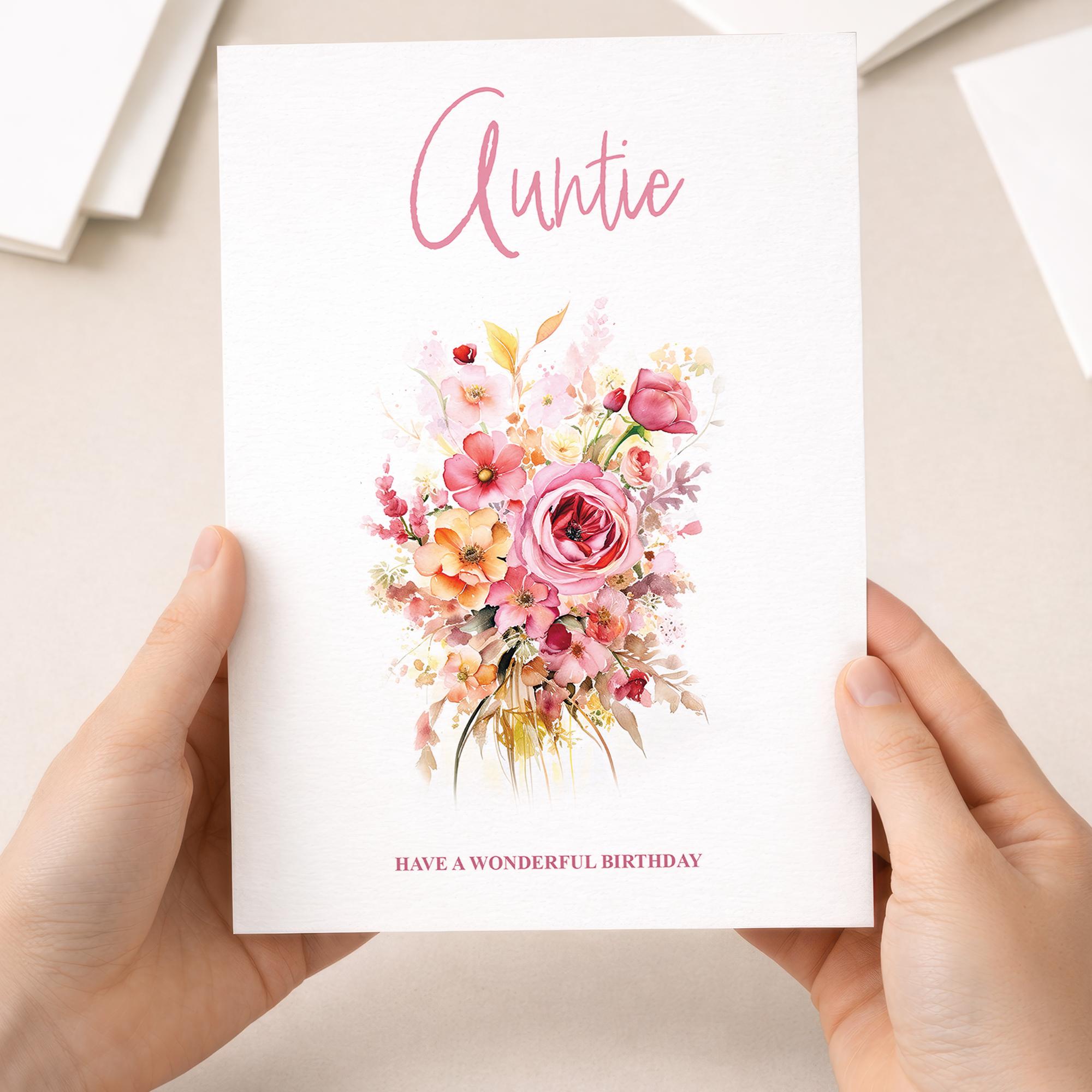 Elegant floral birthday card for Auntie featuring a pink and white flower design.