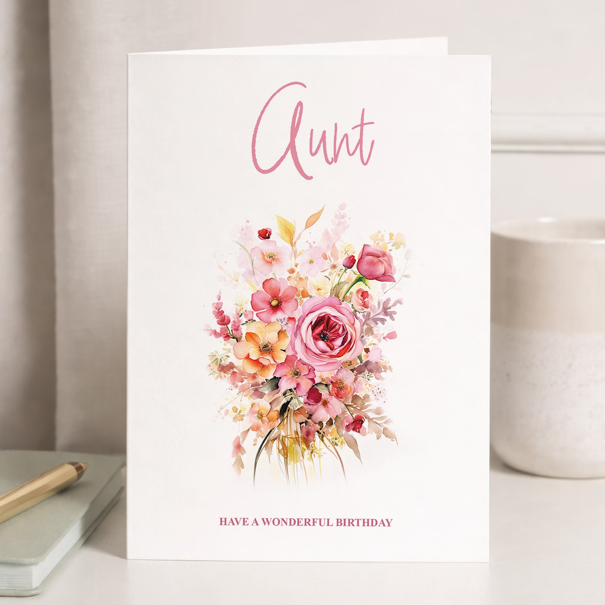 A portrait-oriented greeting card featuring a white background with pink and orange floral designs and the words Happy Birthday Auntie in elegant script.