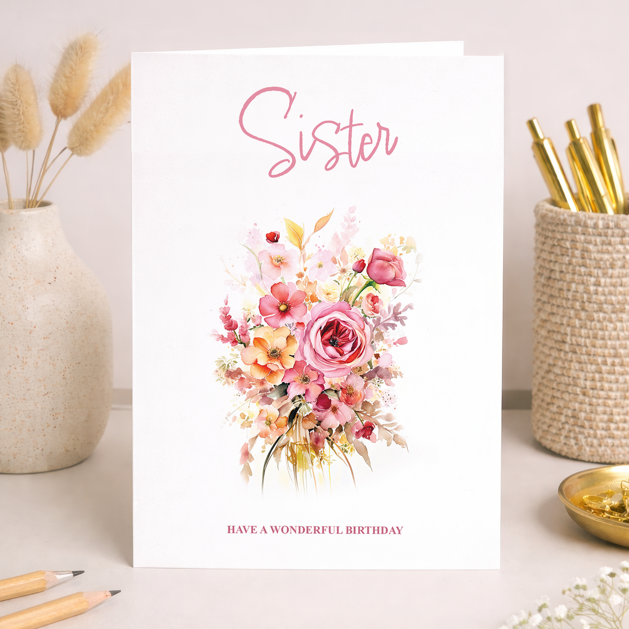 A portrait-oriented luxury birthday card for a sister featuring a vibrant floral design with colorful flowers and green leaves on a white background.