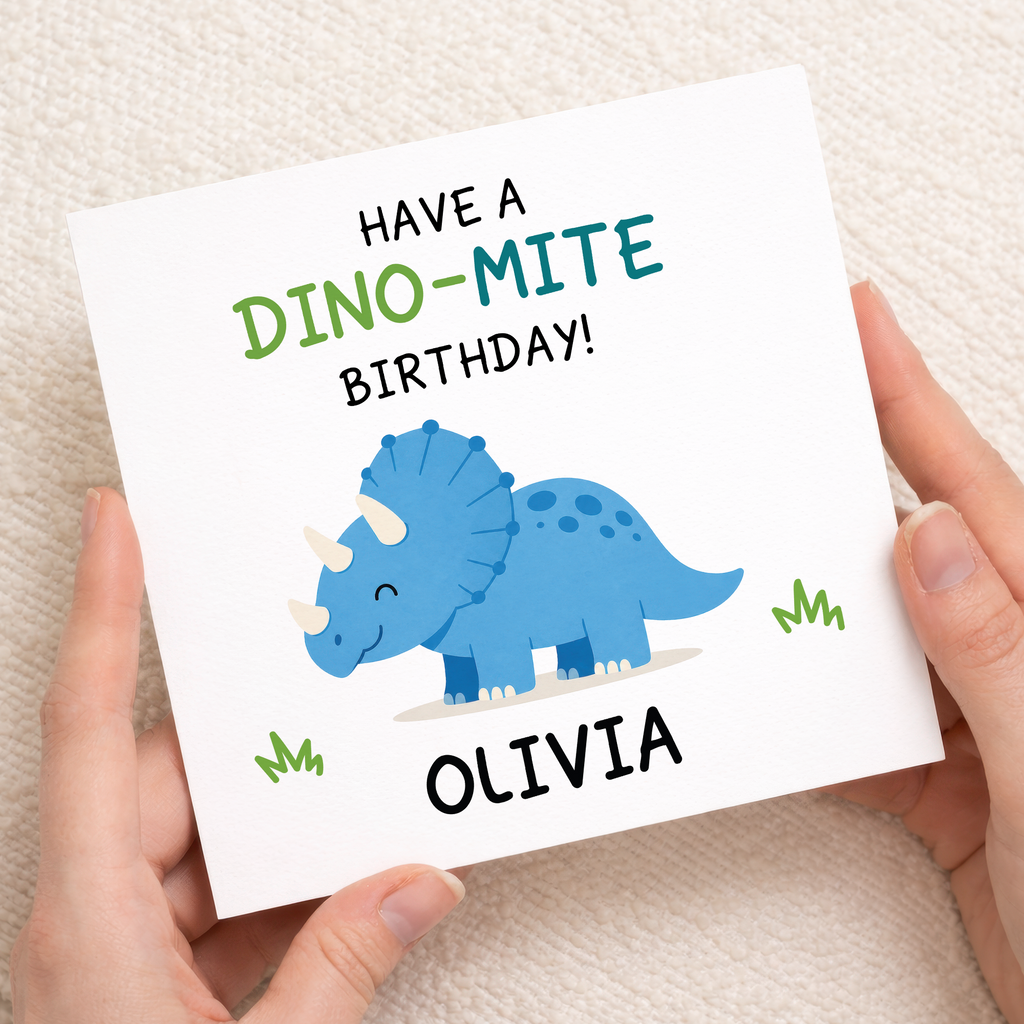 Personalised dino-mite dinosaur birthday card for children, 6x6 square card