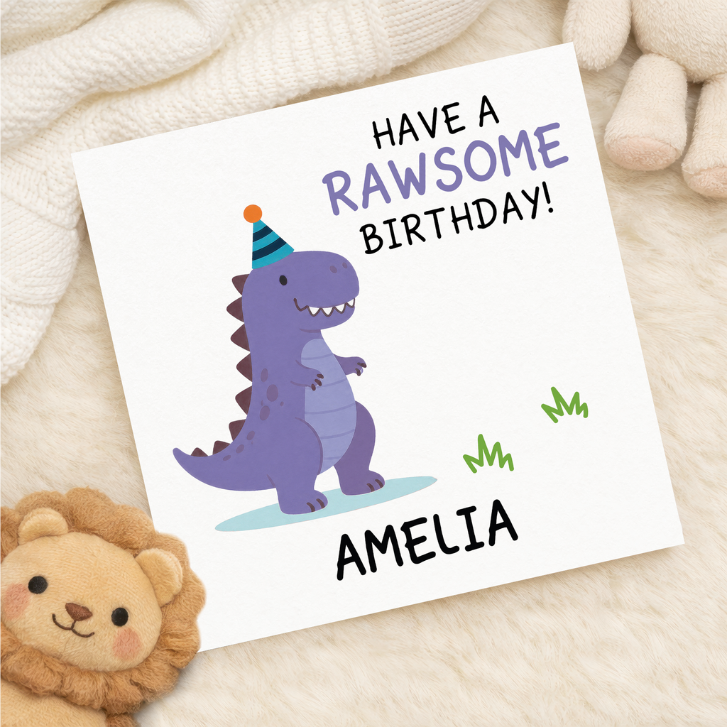 Personalised rawsome dinosaur birthday card for children, 6x6 square card