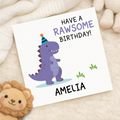 Personalised rawsome dinosaur birthday card for children, 6x6 square card