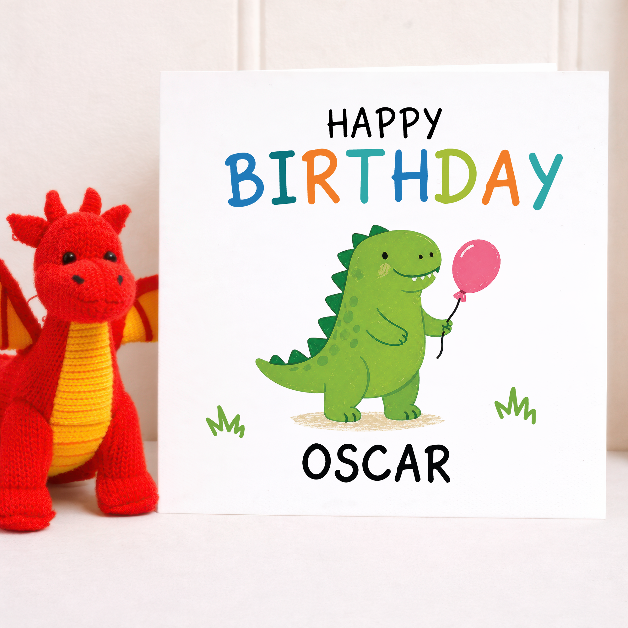 Personalised happy birthday dinosaur card for children, 6x6 square card